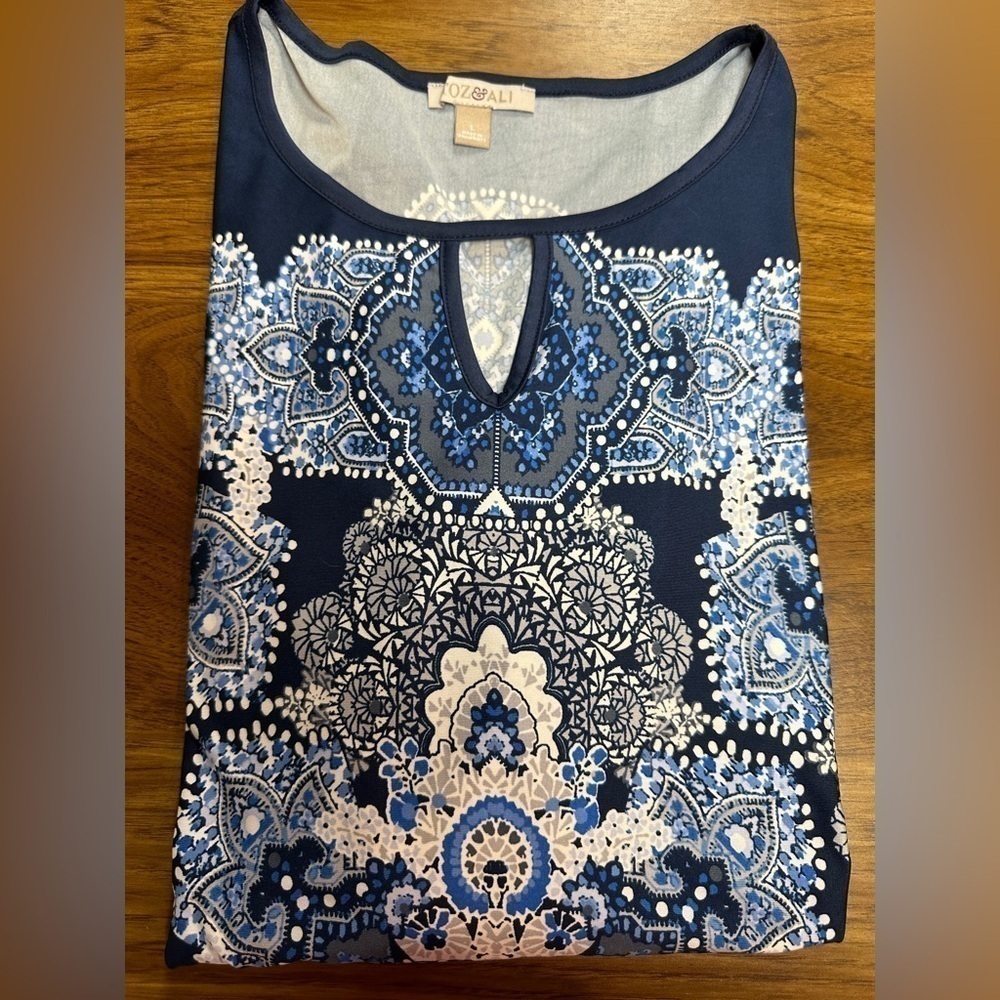 Roz & Ali Navy Tunic Scoop Neckline Pointed Hem & Sleeves Women’s Size Large - Picture 7 of 9